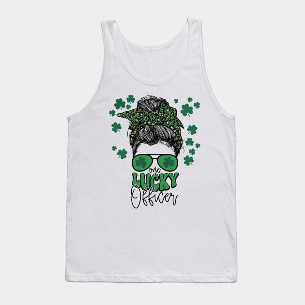 One Lucky OfficerCute St Patricks Day Messy Bun Mom Tank Top by Way Down South